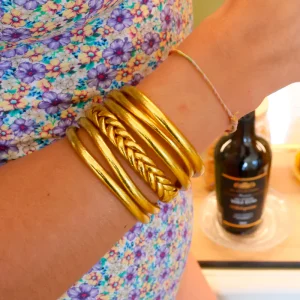 Pack 3 pulseras pan de oro trenzado: 2 pulseras lisas + 1 trenzada