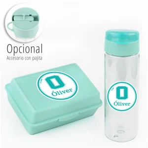 Pack Botella 600ml + Cajita Porta Alimentos School Menta personalizadas