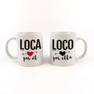 Pack Tazas cerámica o plástico Loco por ella, Loco por él